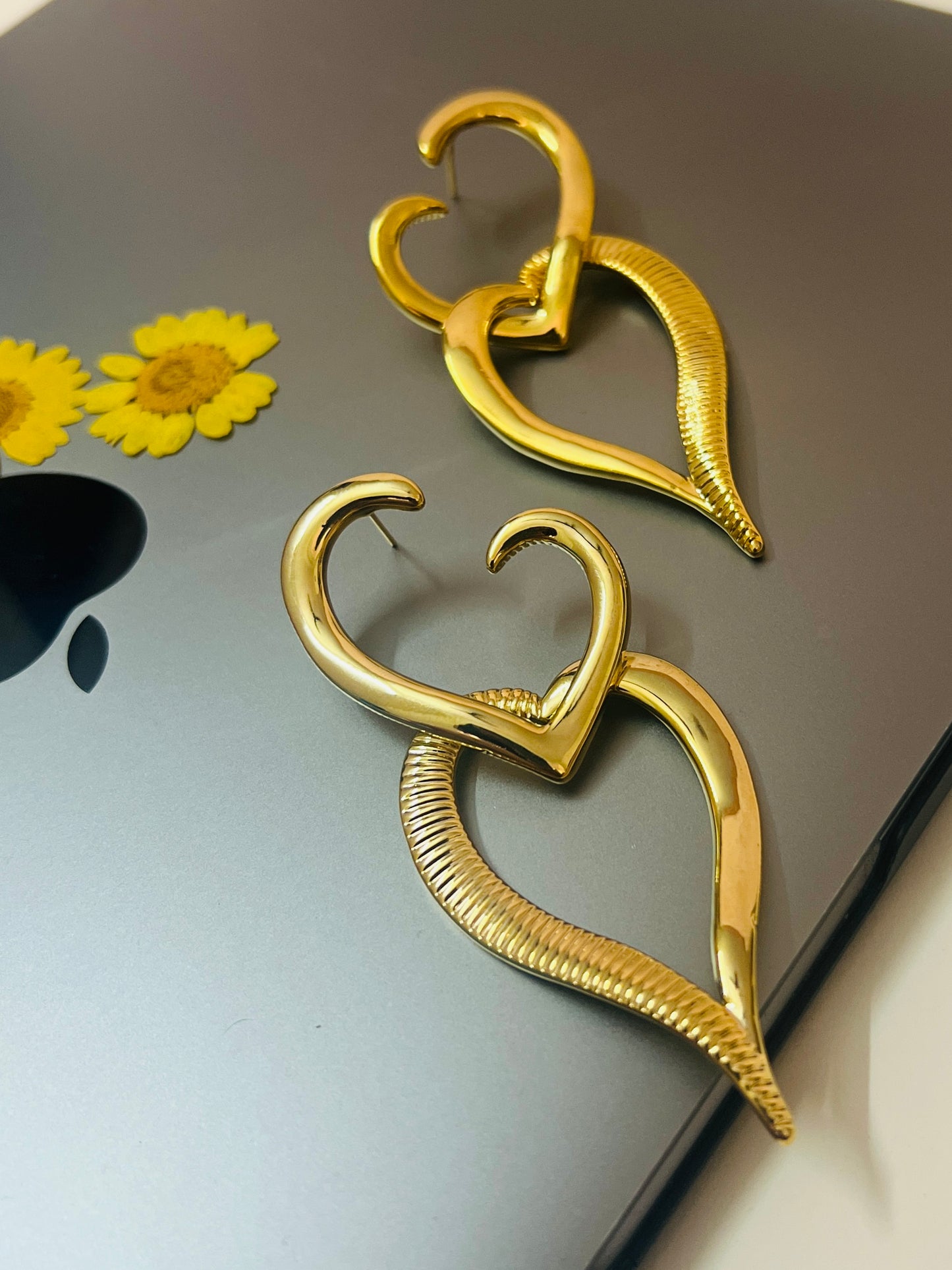 GOLD DOUBLE HEART STATEMENT EARRINGS DB-AT19802Z