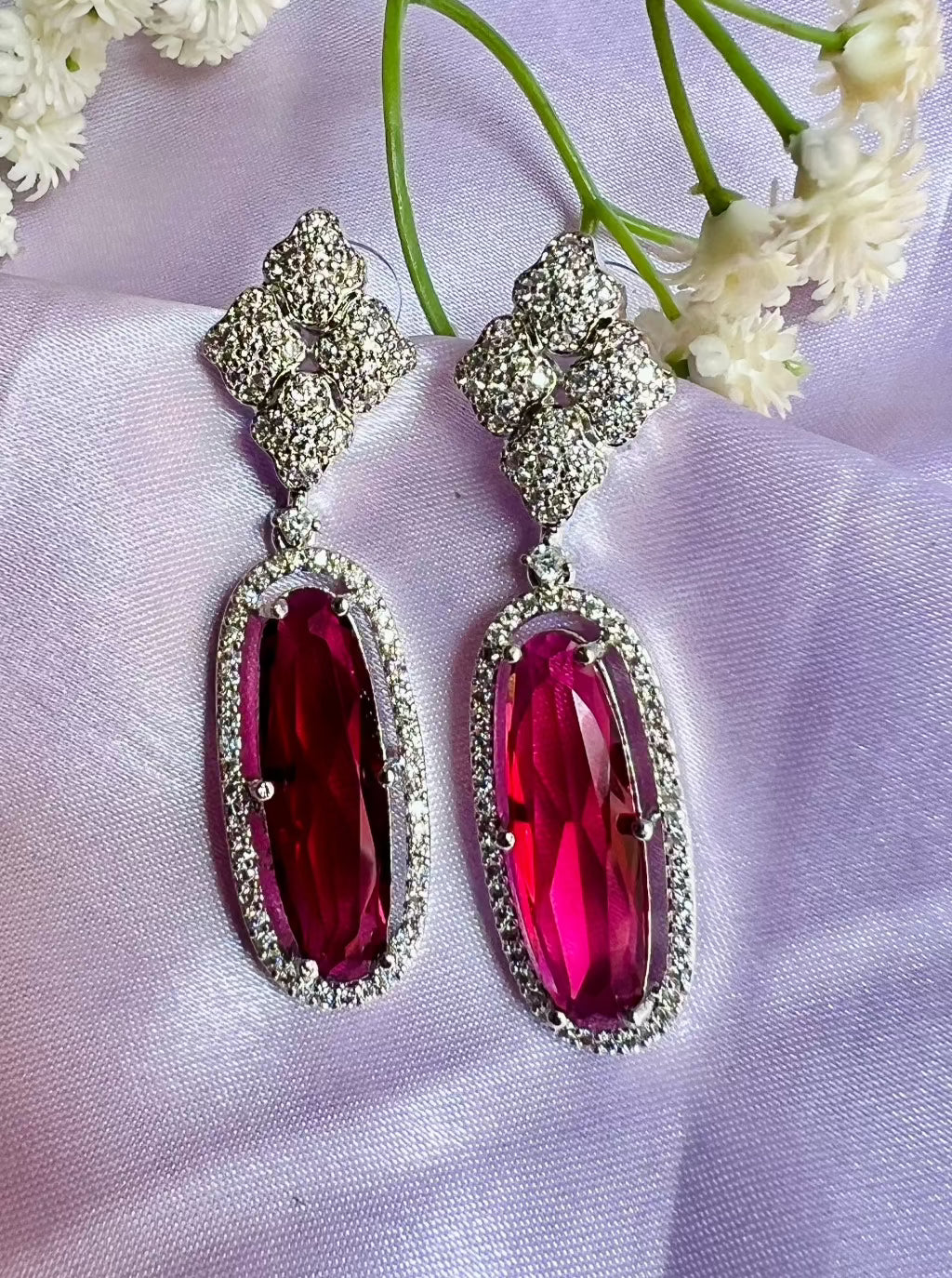 White Finish Ruby Synthetic & CZ Stone Drop Earrings DB-AD1742Z18