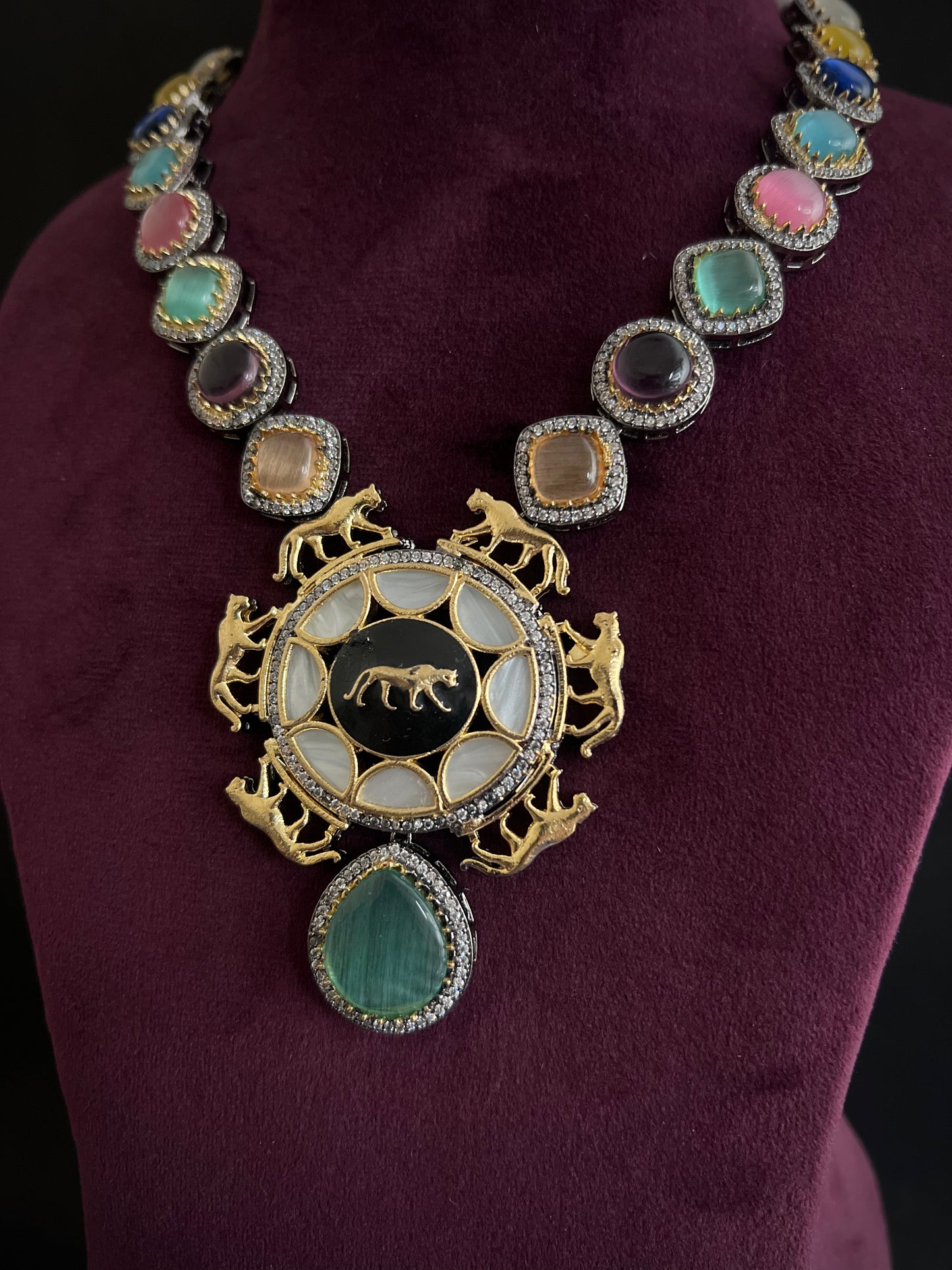 Sabyasachi Inspired Premium Lion Jaguar Multicolour Gemstone Long Necklace Set DB-SS13050Z4