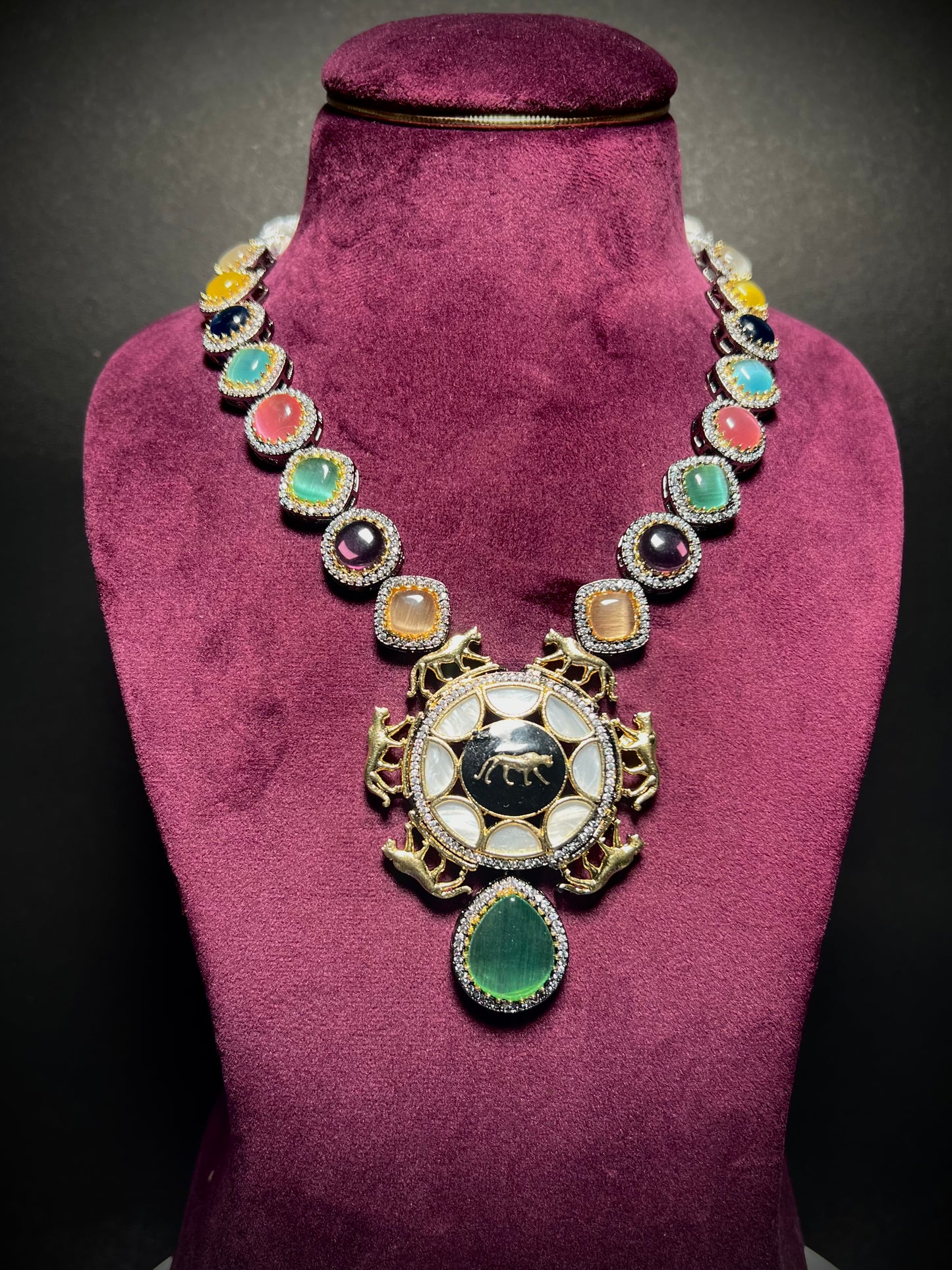 Sabyasachi Inspired Premium Lion Jaguar Multicolour Gemstone Long Necklace Set DB-SS13050Z4