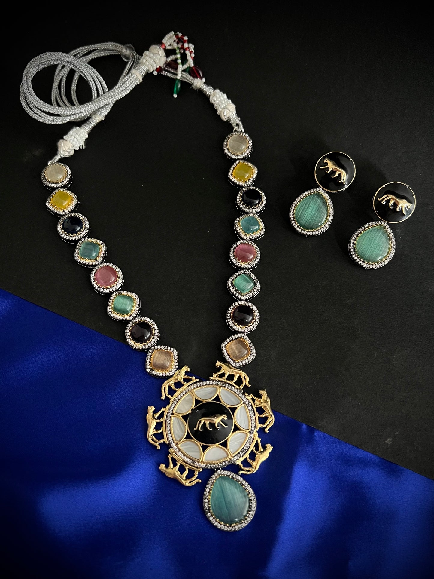 Sabyasachi Inspired Premium Lion Jaguar Multicolour Gemstone Long Necklace Set DB-SS13050Z4