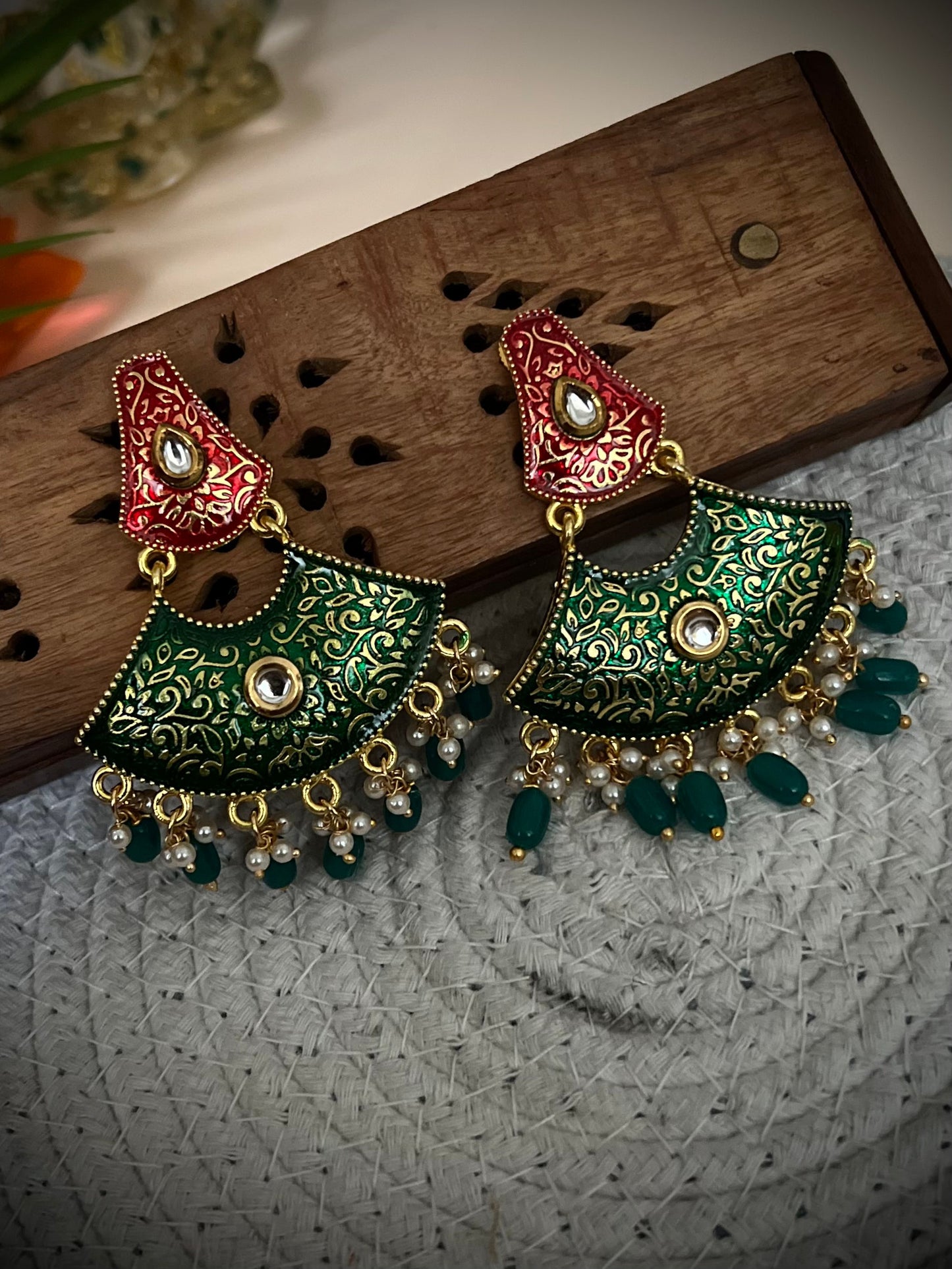 Meenakari Dual Shade Half moon Green Earrings DB-MK2300Z7