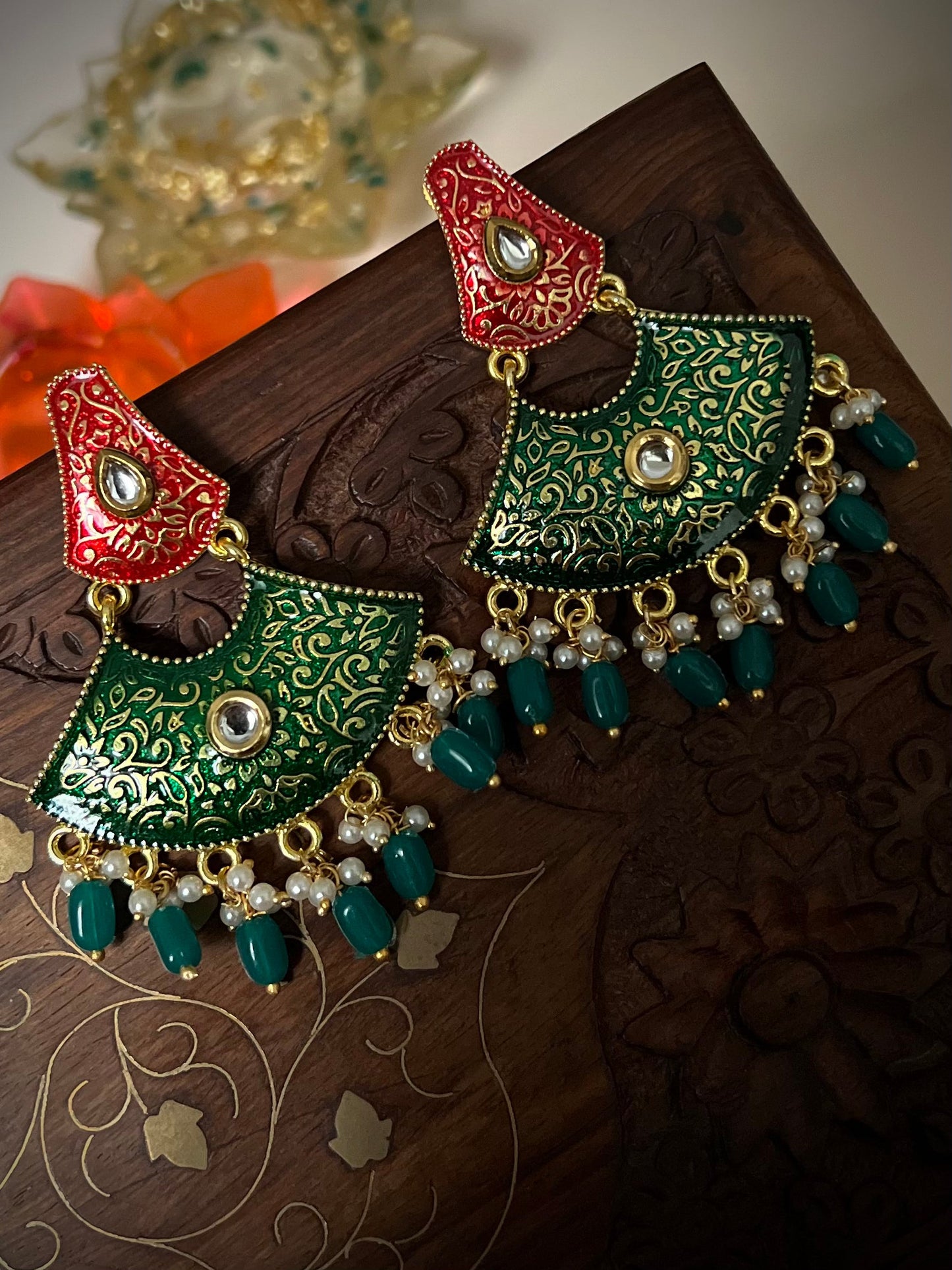 Meenakari Dual Shade Half moon Green Earrings DB-MK2300Z7