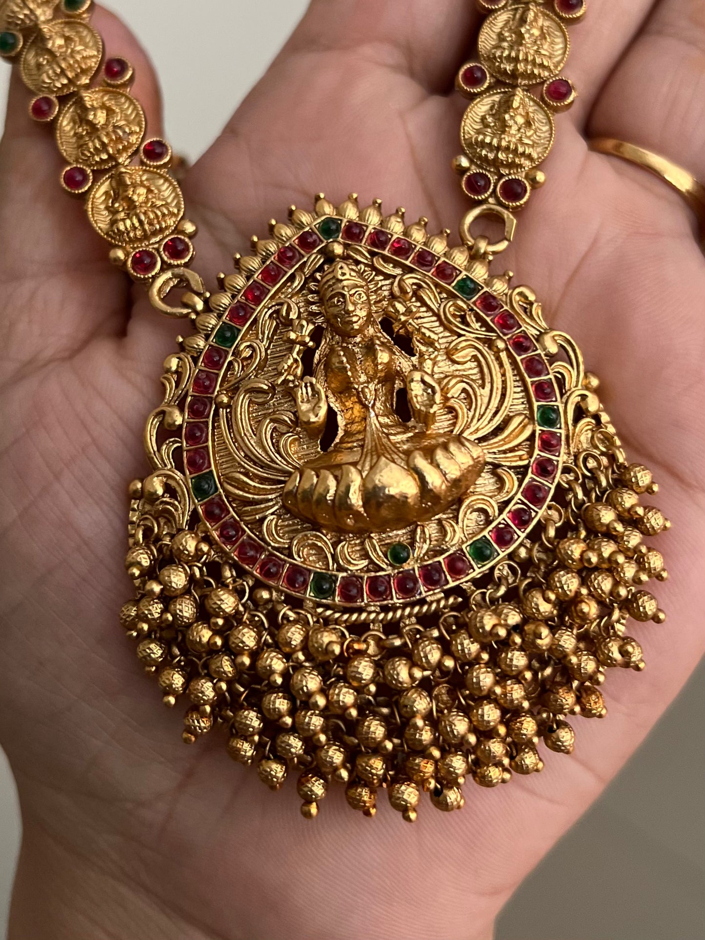 Antique Gold-Plated Studded Long Temple Jewellery Necklace Set DB-GP12460Z4