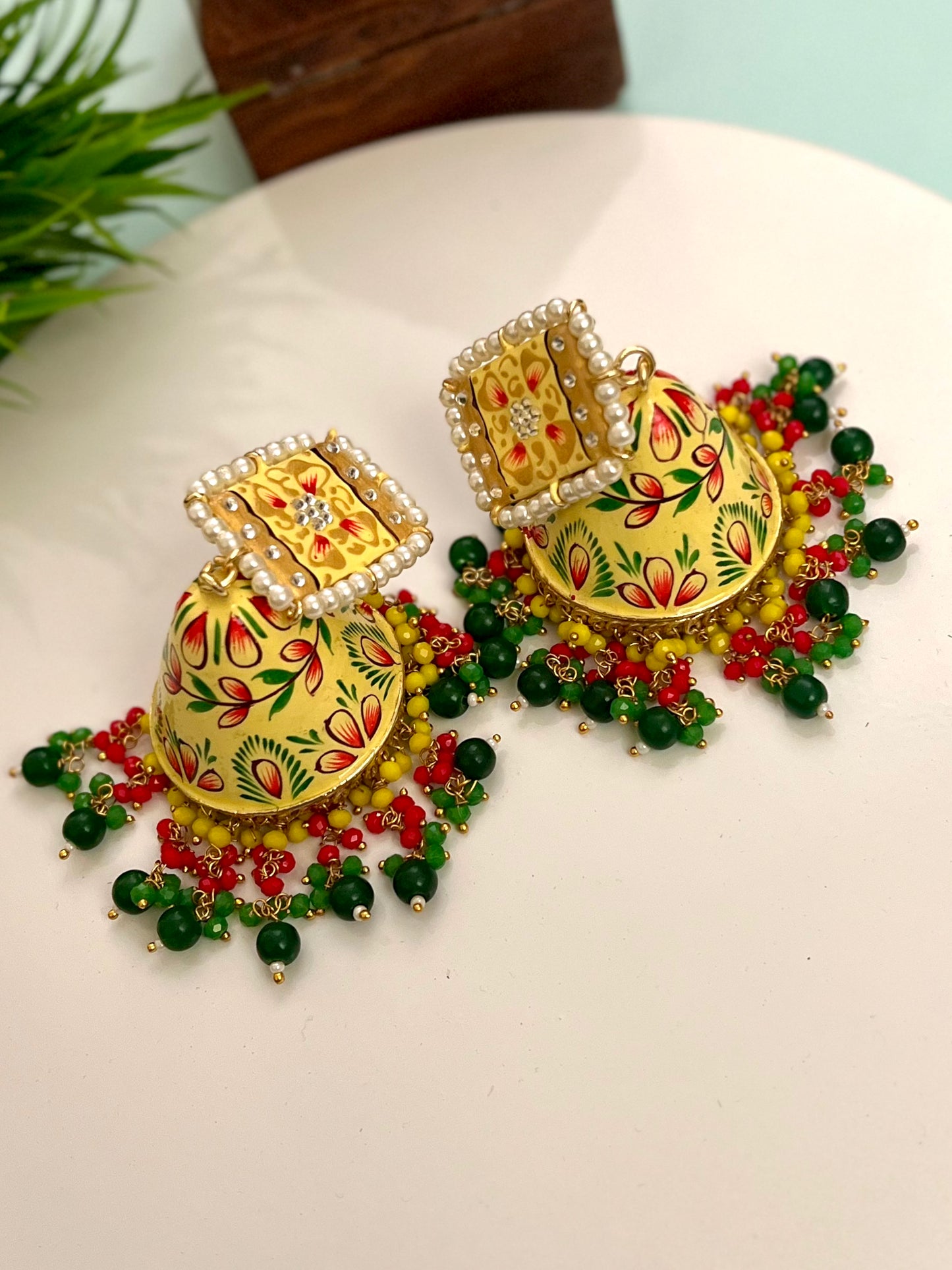 Gold Tone Hand painted Floral Jhumka Earrings DB-GP11200Z
