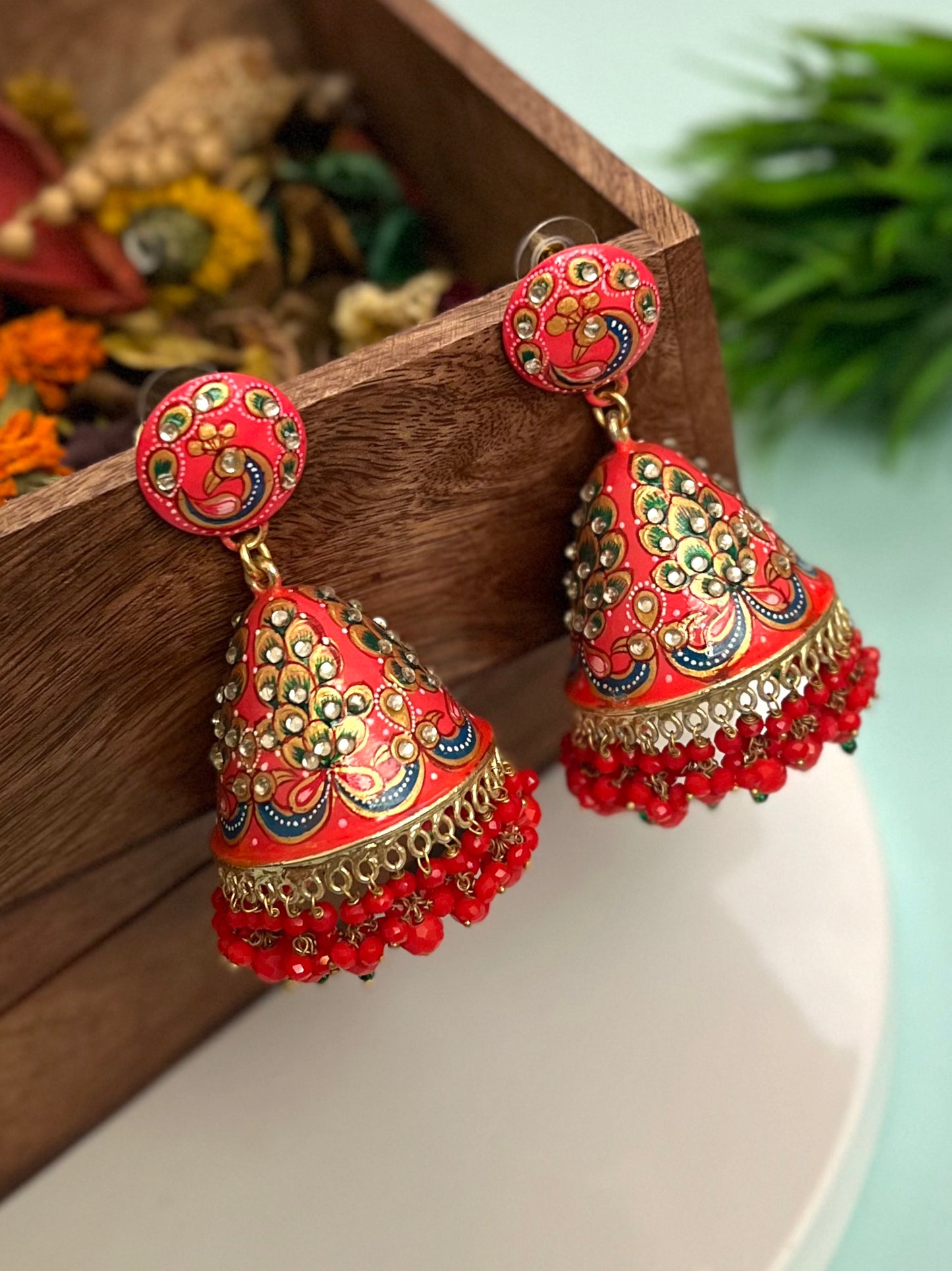 Morni Meenakari Studded Coral jhumka DB-DP11280Z