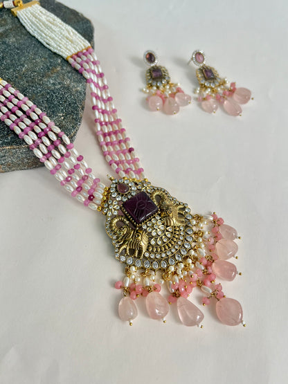 VICTORIAN POLISH PINK LONG NECKLACE SET DB- VP13900Z2