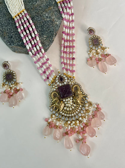 VICTORIAN POLISH PINK LONG NECKLACE SET DB- VP13900Z2