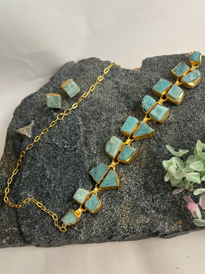 TRENDY SEMI PRECIOUS STONE DOUBLE LAYERED AQUA GREEN CHOKER DB-GP11130Z2