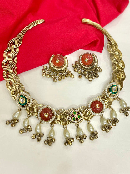 Gemstone Beaded Golden Hasli Choker Necklace Set DB-GP122000Z2