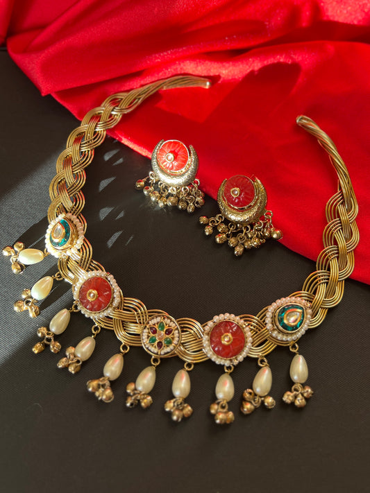Gemstone Beaded Golden Hasli Choker Necklace Set DB-GP122000Z2