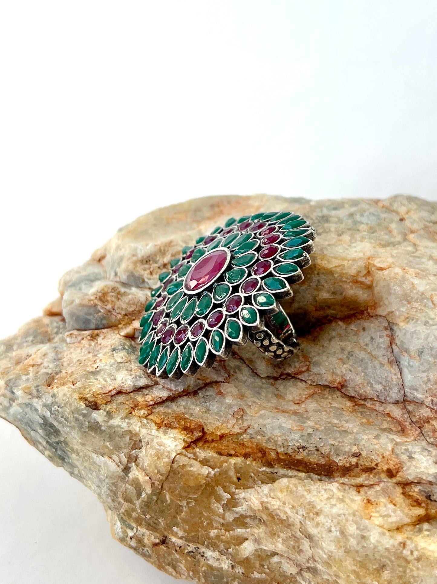 Pakhi Oxidised Flower Ring Pink & Green DB-OX300Z2