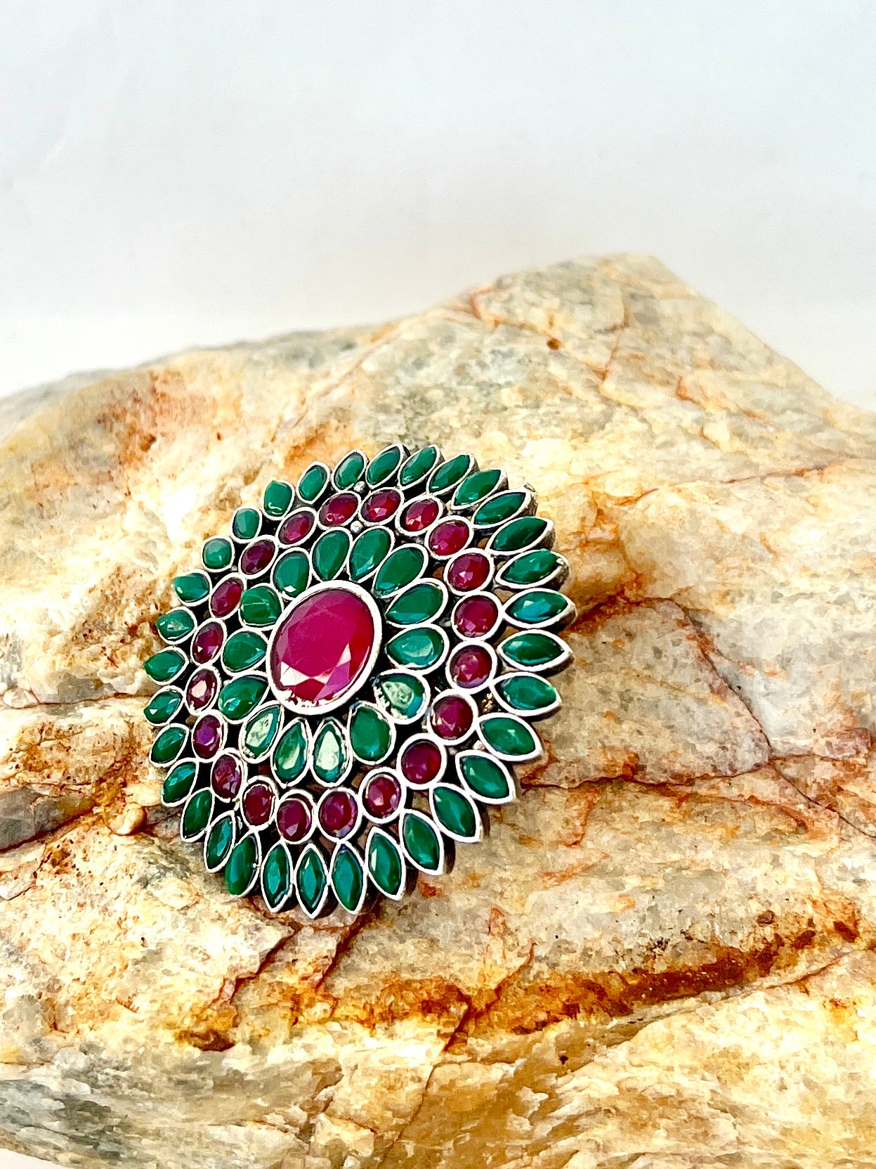 Pakhi Oxidised Flower Ring Pink & Green DB-OX300Z2