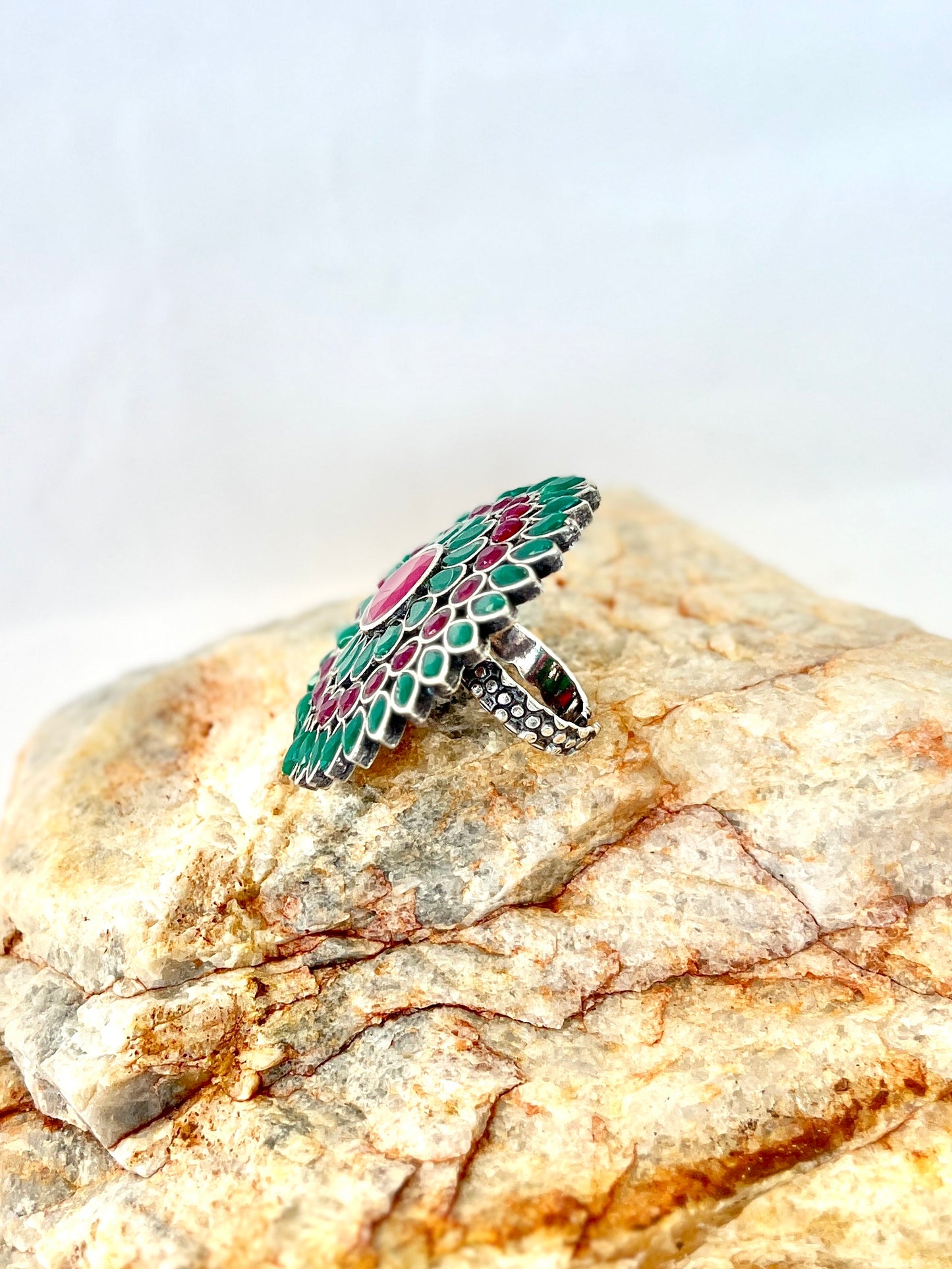 Pakhi Oxidised Flower Ring Pink & Green DB-OX300Z2