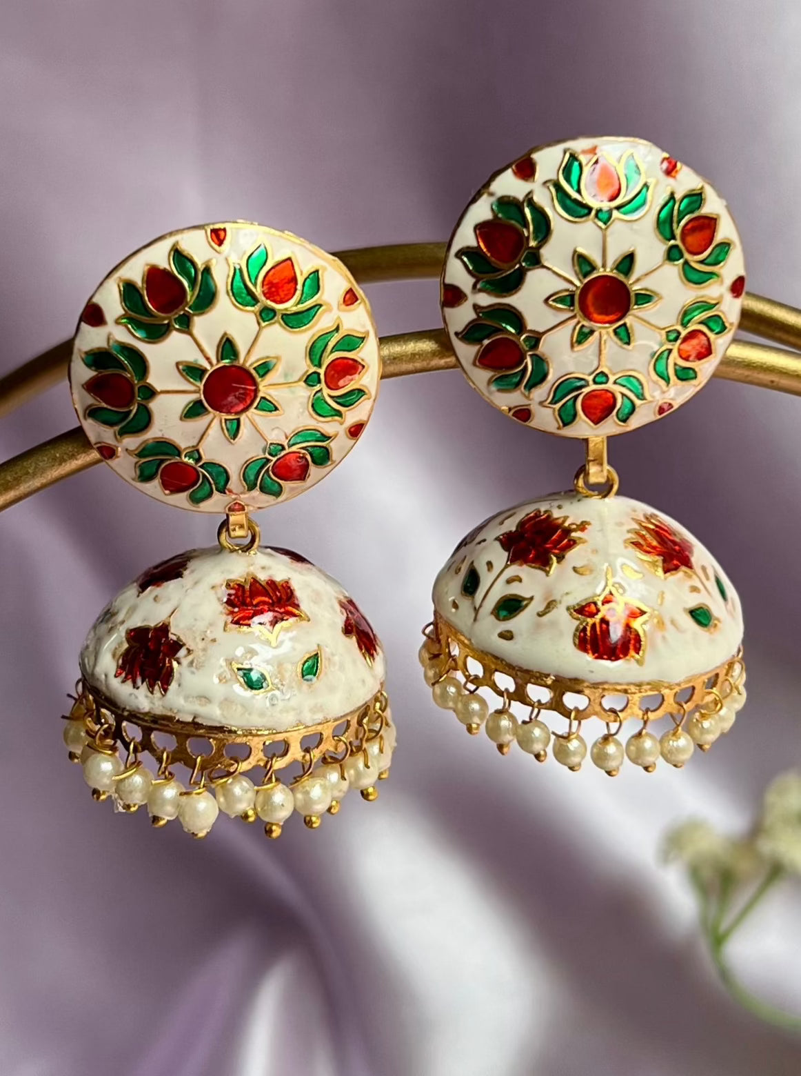 Meenakari White Jhumka Earrings