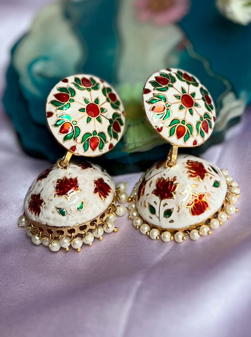 Meenakari White Jhumka Earrings