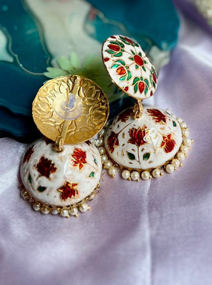 Meenakari White Jhumka Earrings