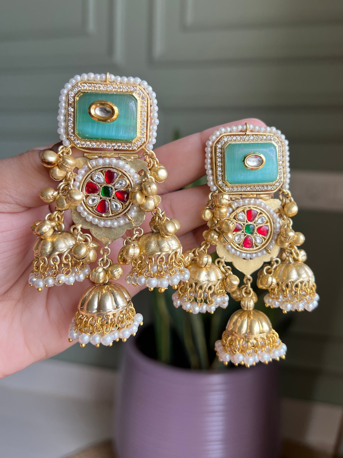 Aadhya Pachi Kundan Triple Jhumka Earrings DB-GP20802Z2