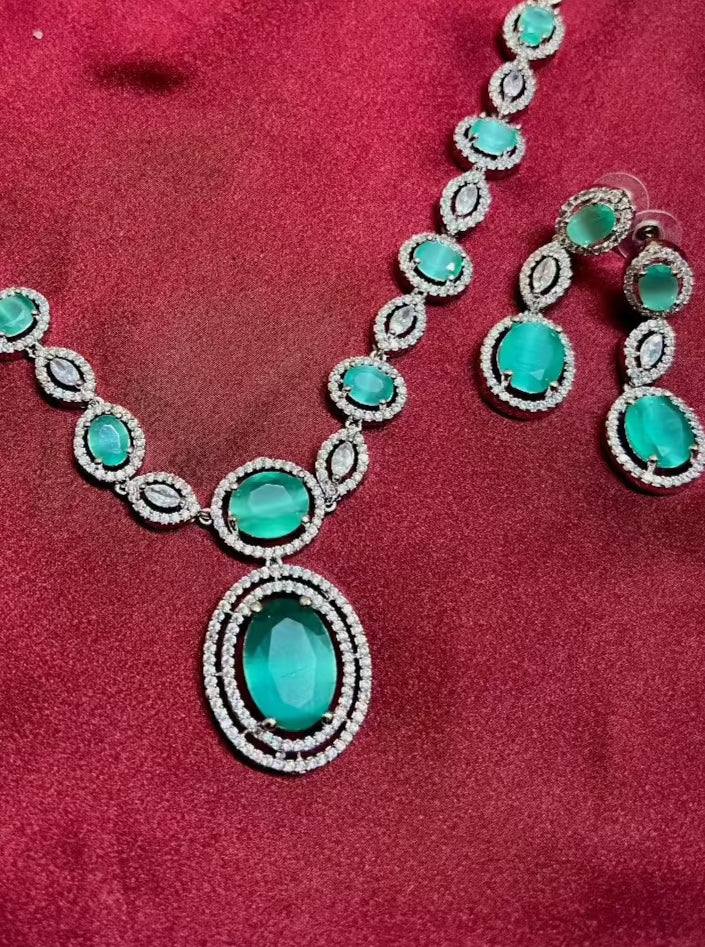 American Diamond Turquoise Blue Silver Necklace Set DB-AD1948Z10