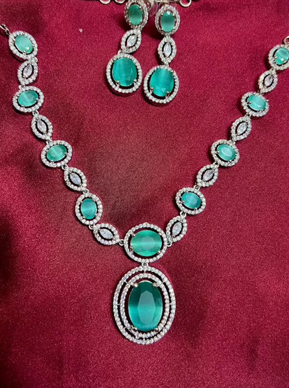 American Diamond Turquoise Blue Silver Necklace Set DB-AD1948Z10