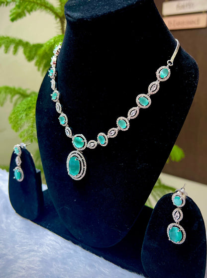 American Diamond Turquoise Blue Silver Necklace Set DB-AD1948Z10