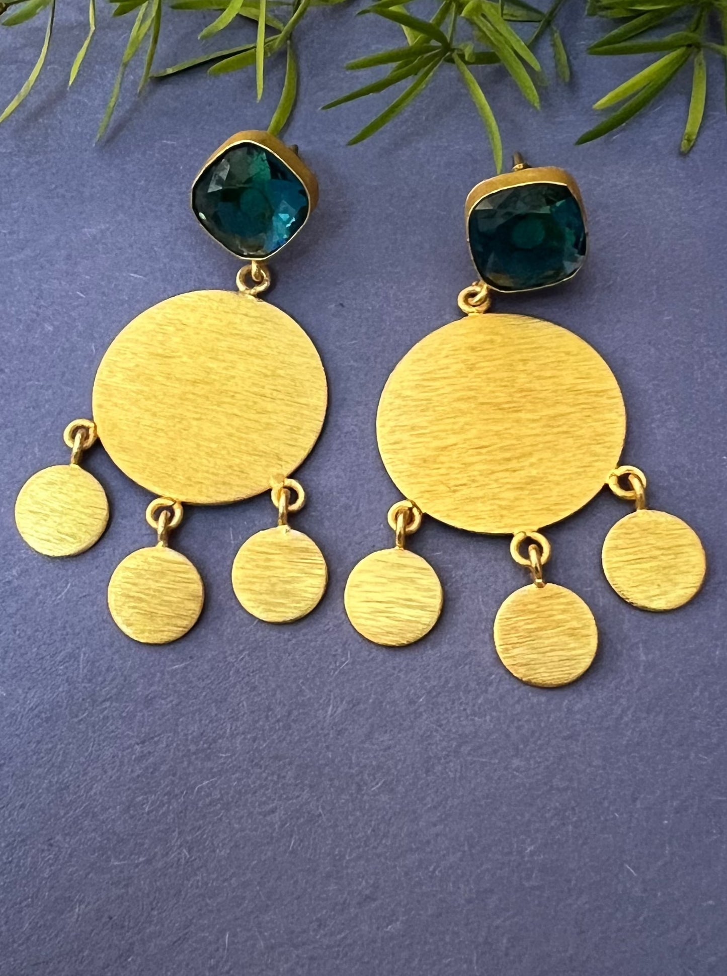 Golden Round Drop Blue Glass Stone Earrings DB-GN1371Z23