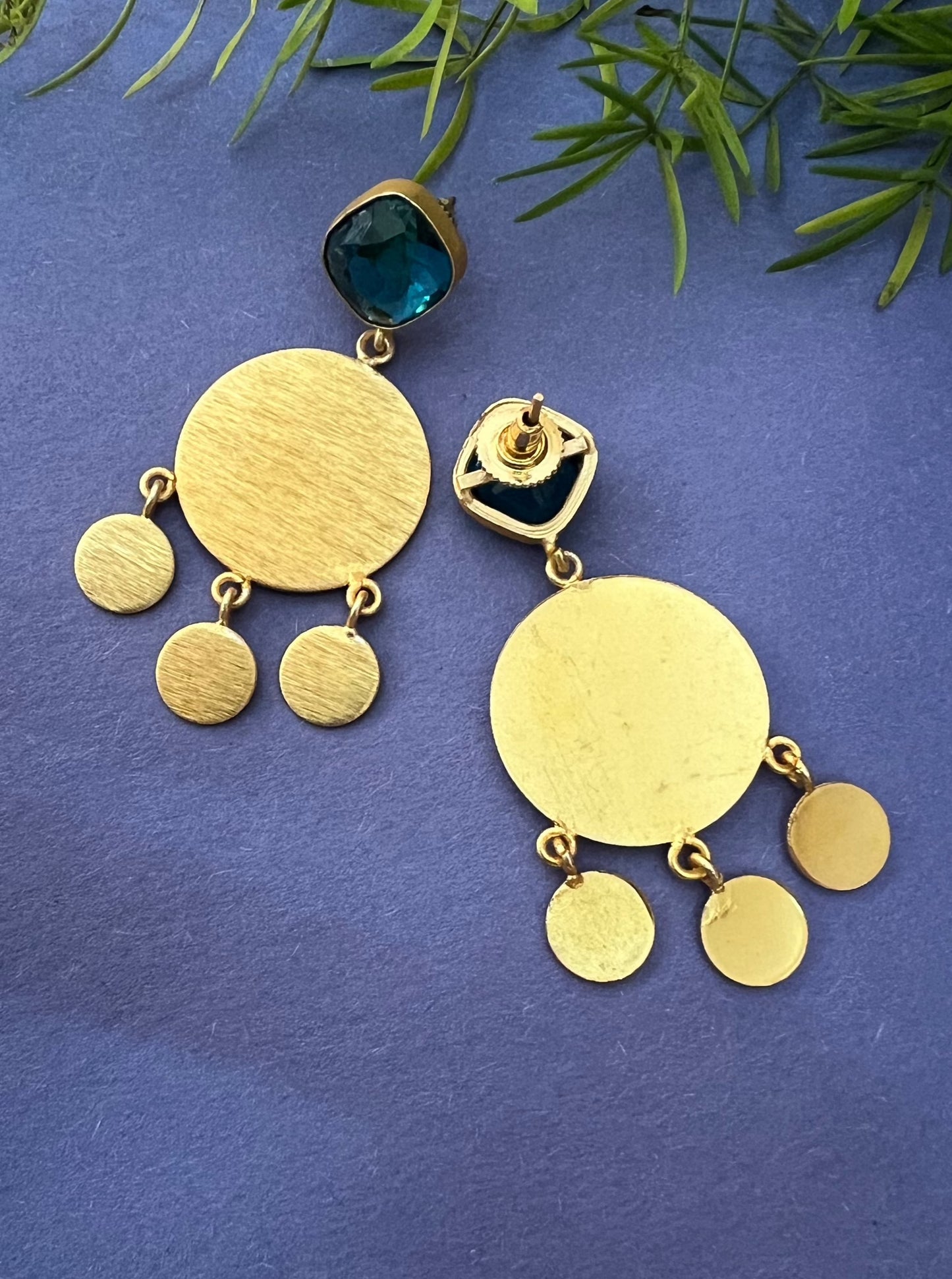 Golden Round Drop Blue Glass Stone Earrings DB-GN1371Z23