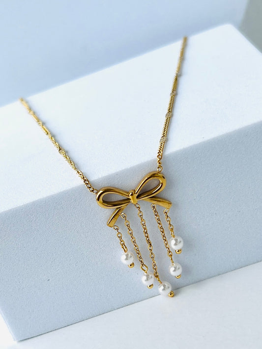 Laila Pearl Drop Bow Necklace
