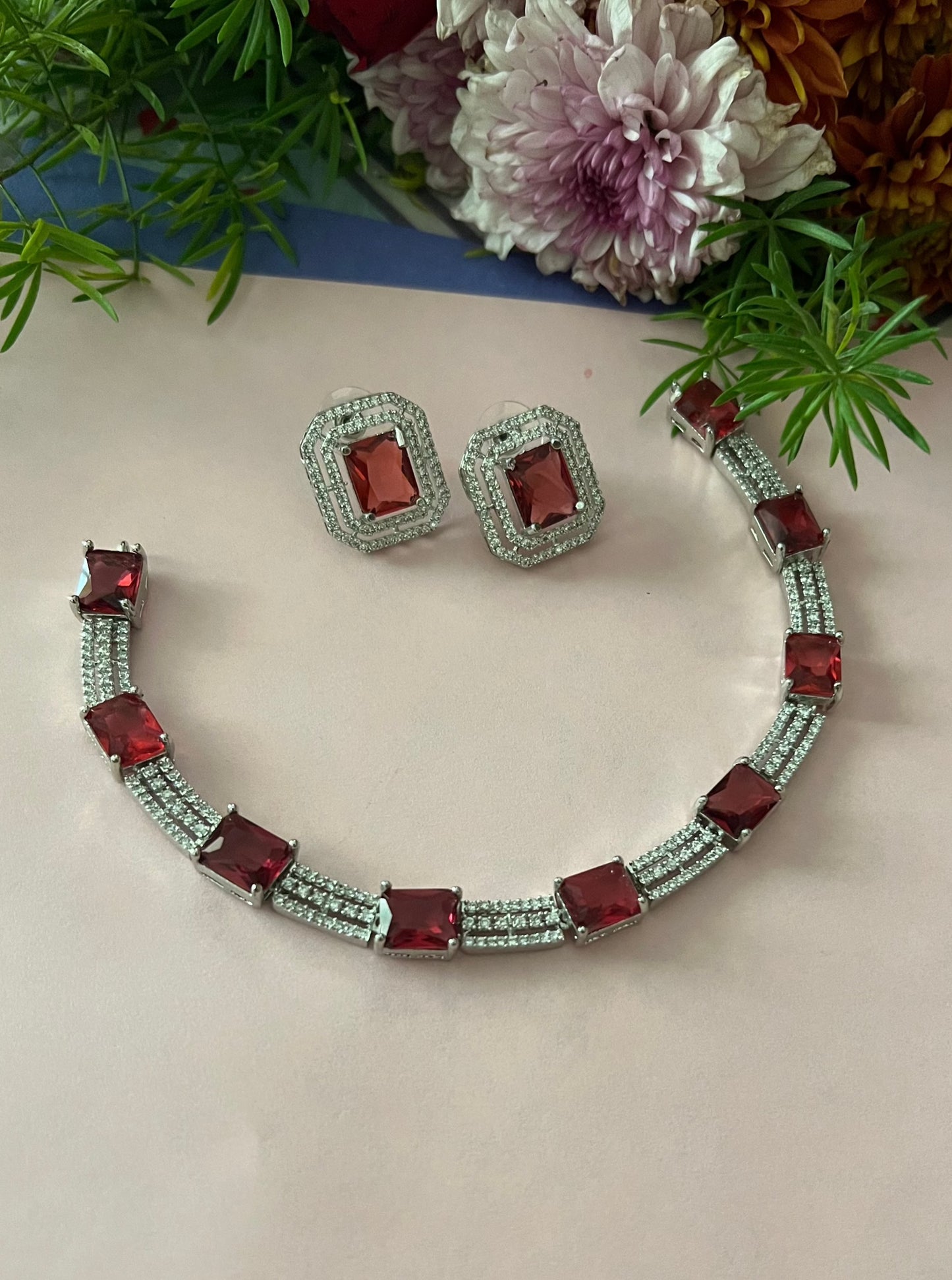 Sakhi Square Line Zircon Red Necklace DB-AD11463Z4