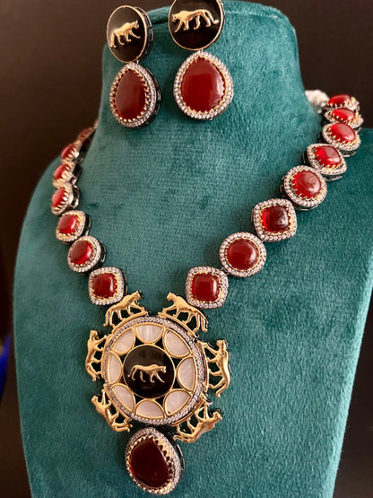 Sabyasachi Premium Lion Jaguar Red Gemstone with MOP Long Necklace Set DB-SS13050Z5