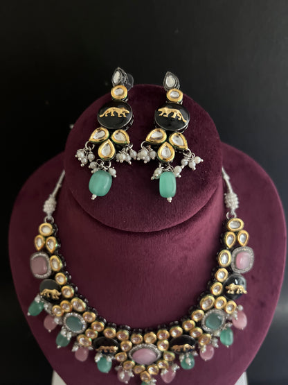 Sabyasachi Inspired Lion Jaguar Multicolor Kundan Necklace With Earrings & Tika DB-SS11970Z2