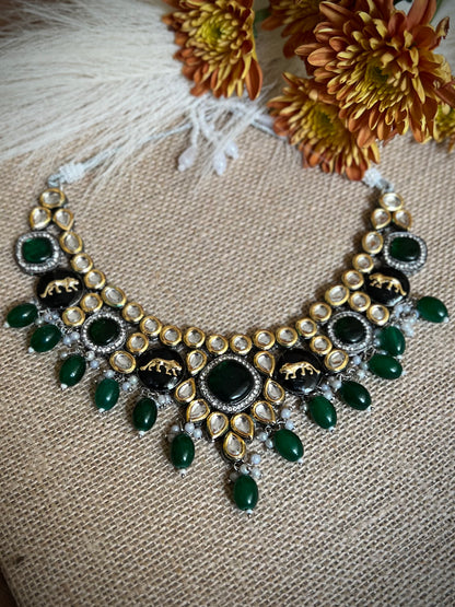 Sabyasachi Inspired Lion Jaguar Emerald Green Kundan Necklace With Earrings & Tika DB-SS11970Z1