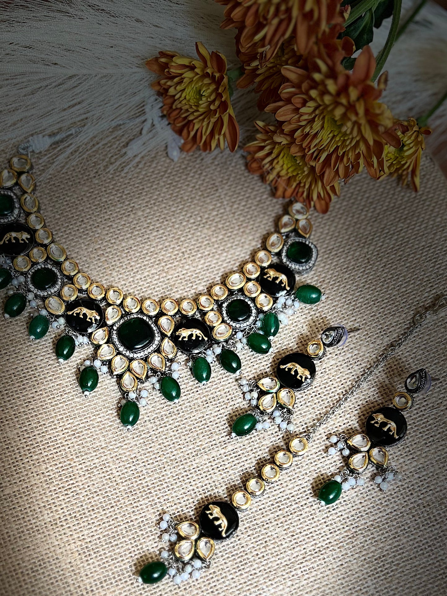 Sabyasachi Inspired Lion Jaguar Emerald Green Kundan Necklace With Earrings & Tika DB-SS11970Z1