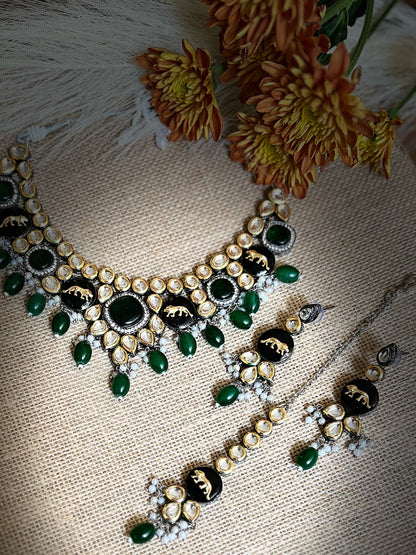 Sabyasachi Inspired Lion Jaguar Emerald Green Kundan Necklace With Earrings & Tika DB-SS11970Z1