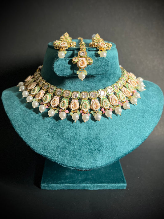 Polki Meenakari Multicolor Necklace set with Maangtika DB-KN12142Z5