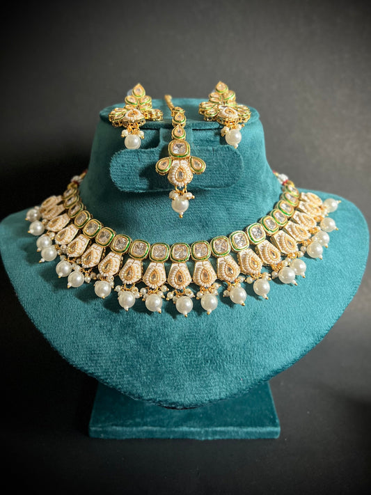 Polki Meenakari White Necklace set with Maangtika DB-KN12142Z6