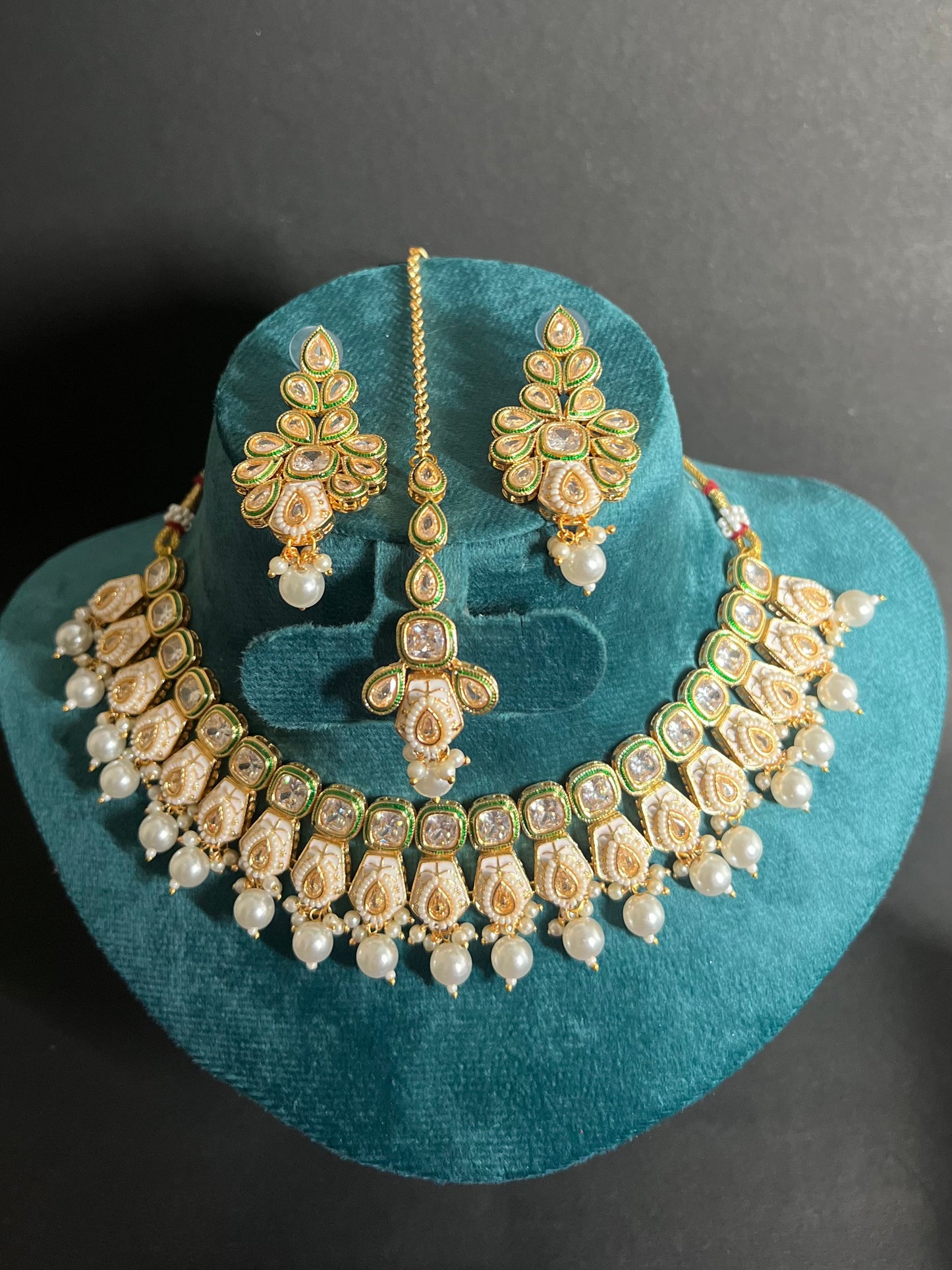 Polki Meenakari White Necklace set with Maangtika DB-KN12142Z6