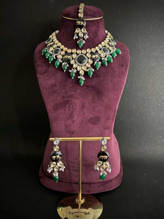 Sabyasachi Inspired Lion Jaguar Emerald Green Kundan Necklace With Earrings & Tika DB-SS11970Z1