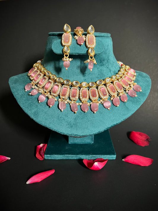 Kundan Necklace with Pink Monalisa stone & Beads DB-KN11740Z4