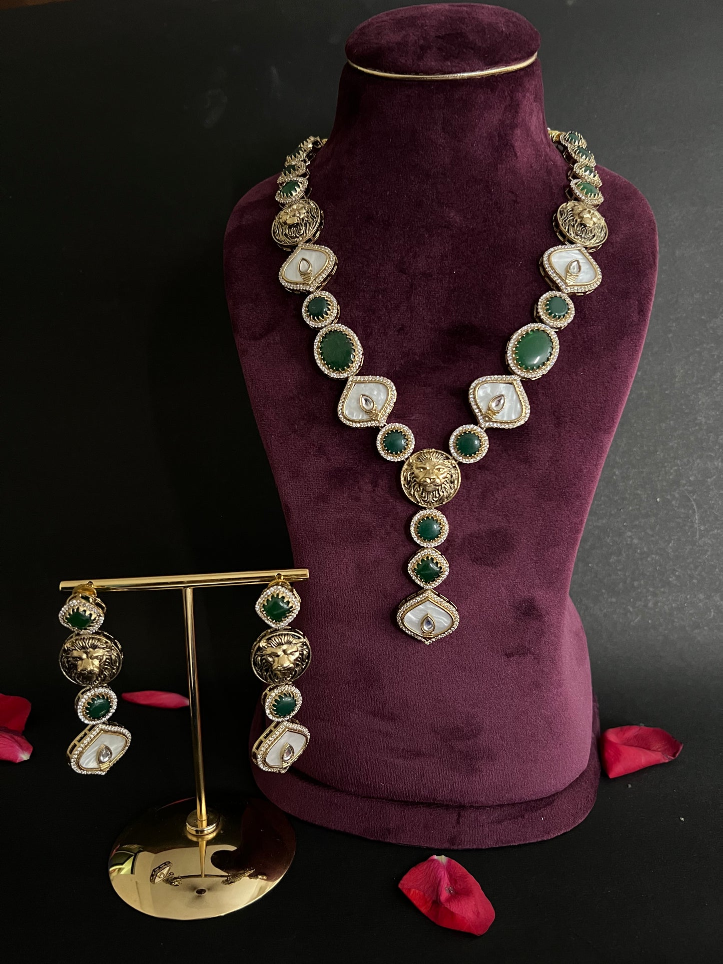 Sabyasachi Premium Lion Jaguar Emerald Green MOP Long Necklace Set DB-SS13545Z3