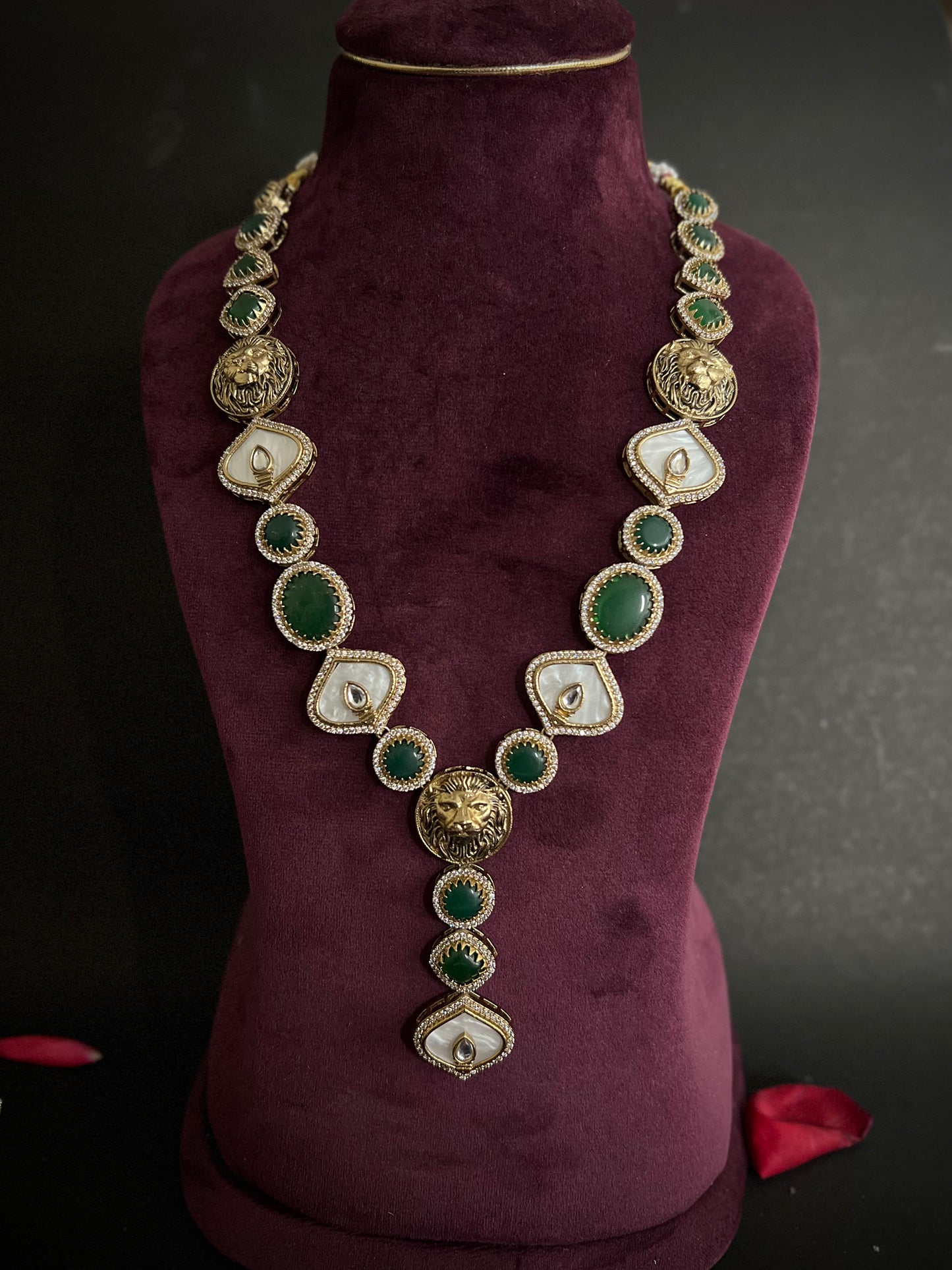 Sabyasachi Premium Lion Jaguar Emerald Green MOP Long Necklace Set DB-SS13545Z3