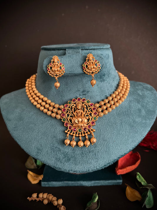 Gold Plated Beads Beaded Laxmi Temple Jewellery Set DB-GN12308Z5