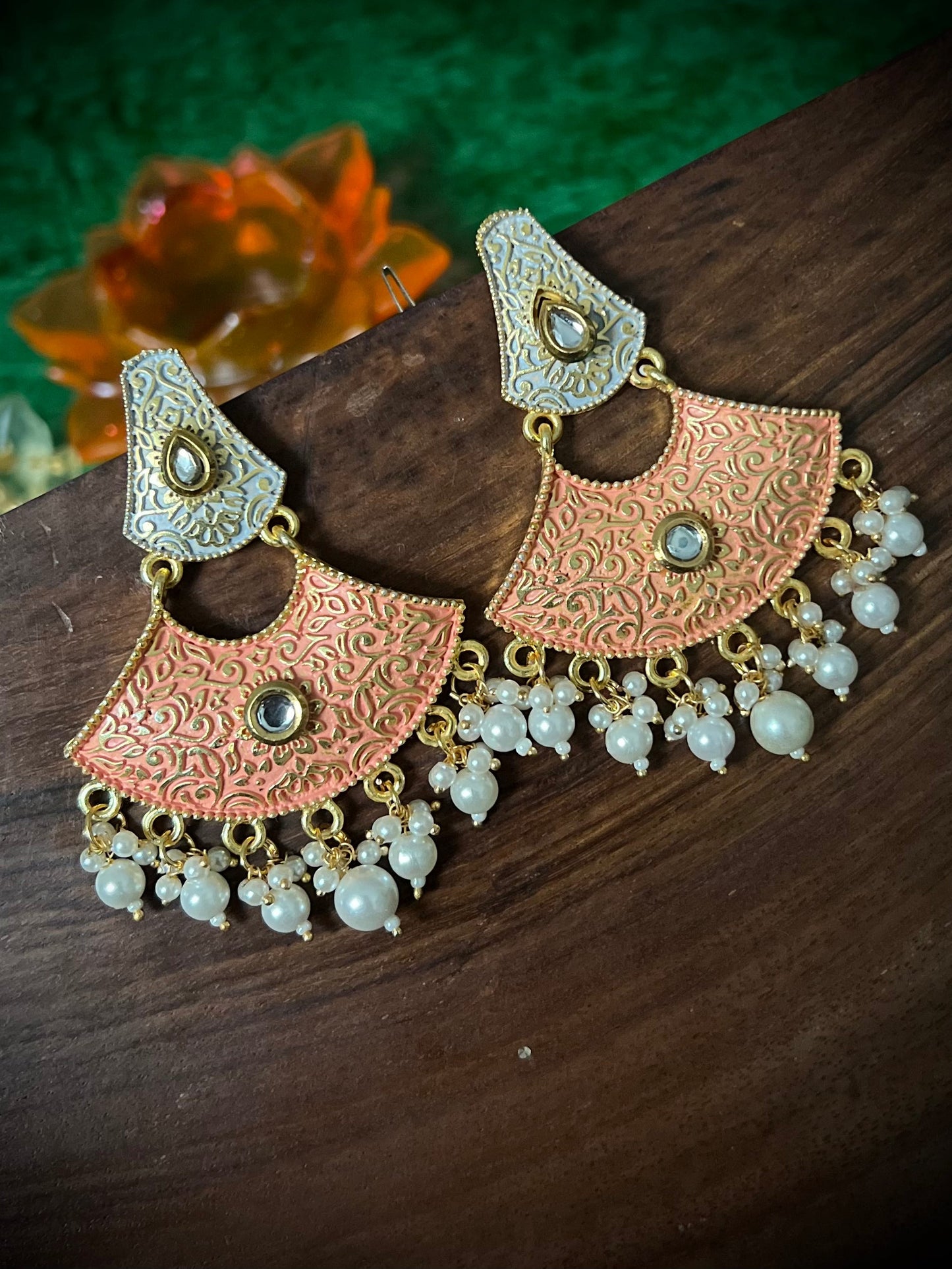 Meenakari Dual Shade Half moon Orange Earrings DB-MK2300Z8