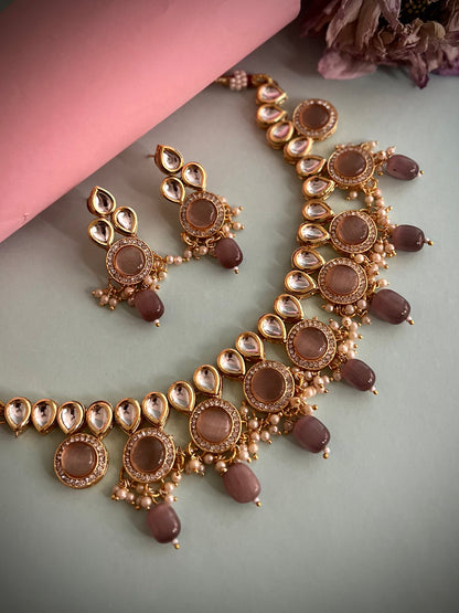 Kundan Necklace with Mauve Monalisa stone & Beads DB-KN11205Z