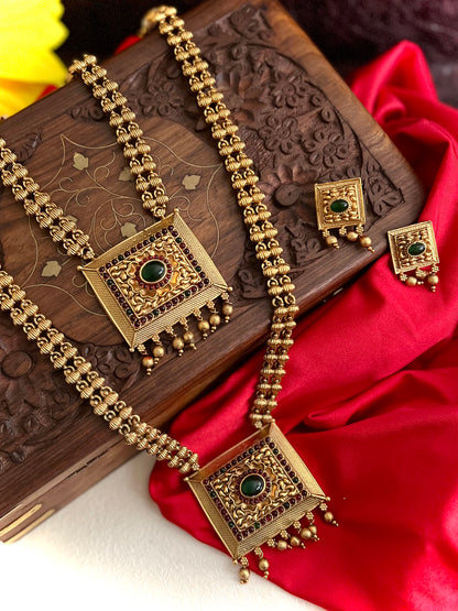 Antique Gold-Plated Studded Long Temple Jewellery Set DB-GP11160ZL1