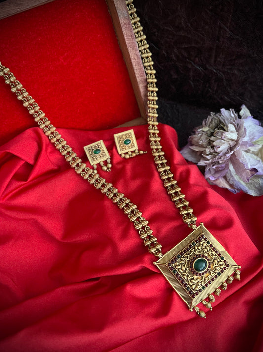 Antique Gold-Plated Studded Long Temple Jewellery Set DB-GP11160ZL3