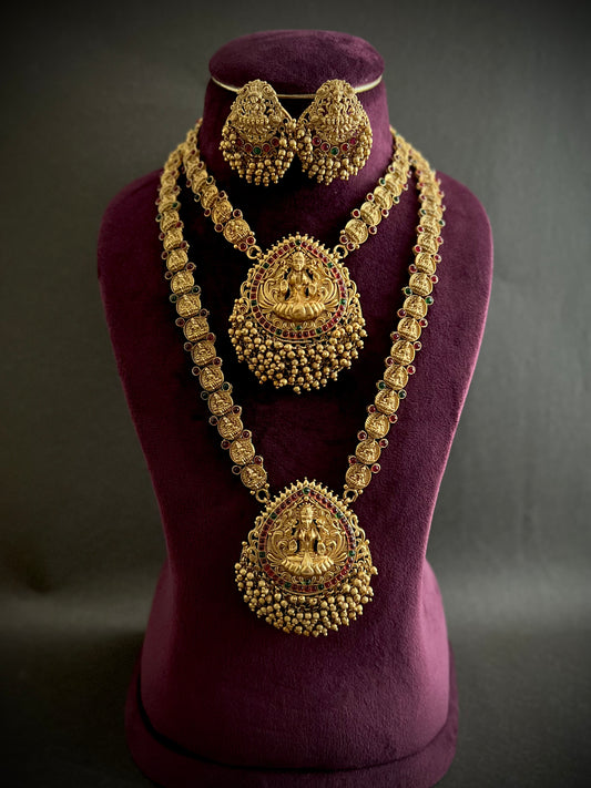 Antique Gold-Plated Studded Long Temple Jewellery Necklace Set DB-GP12460Z4