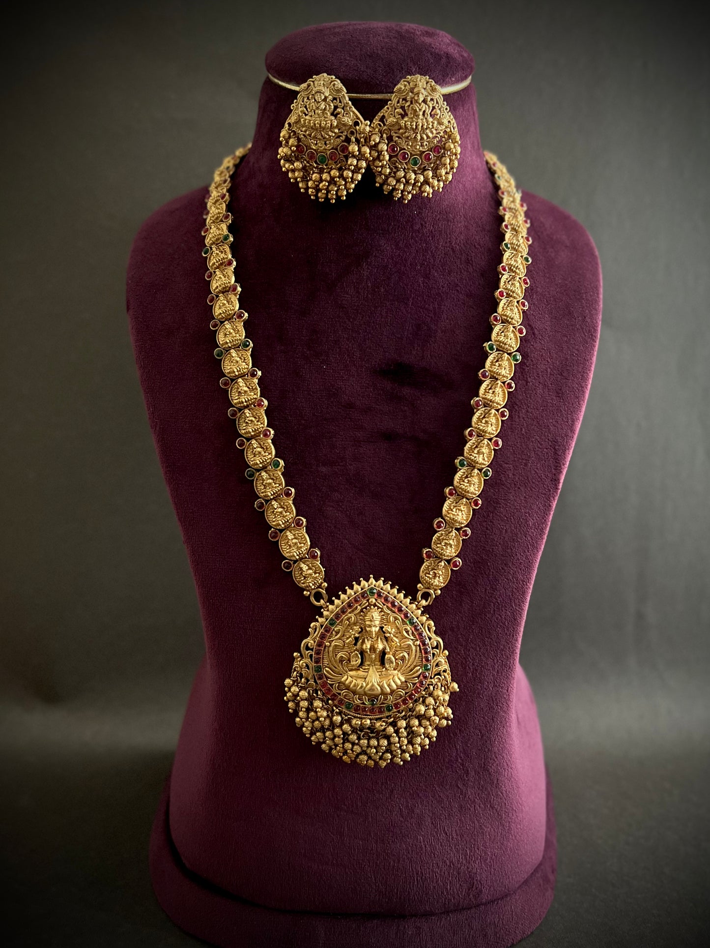 Antique Gold-Plated Studded Temple Jewellery Long Necklace Set DB-GP12460Z5