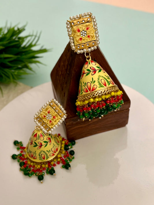 Gold Tone Hand painted Floral Jhumka Earrings DB-GP11200Z