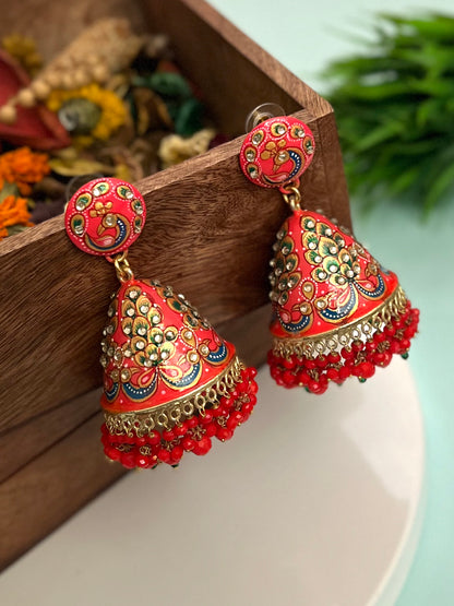 Morni Meenakari Studded Coral jhumka DB-DP11280Z